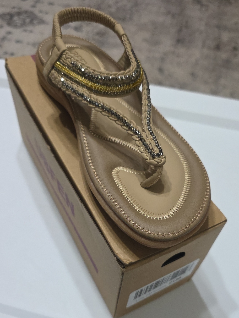 Women's Tan Beaded Thong Sandals with Metallic Accents